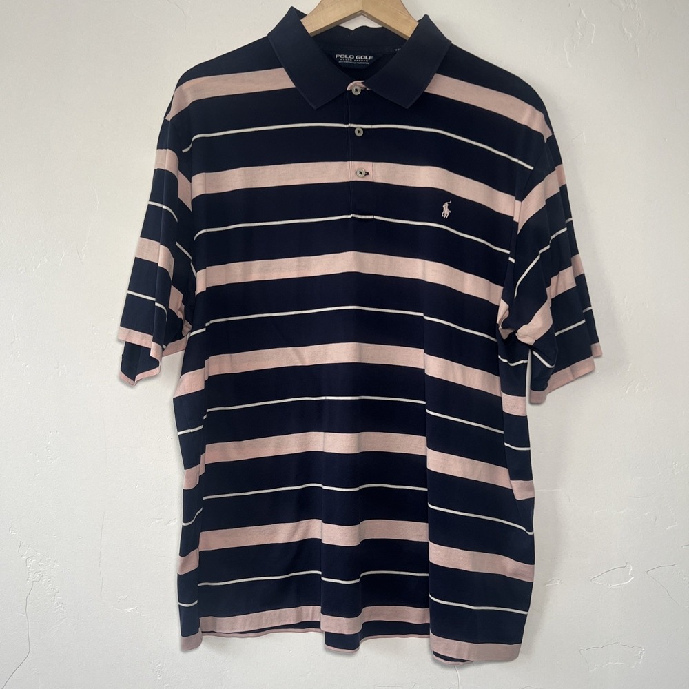 Polo Golf Ralph Lauren Men's XL Navy/Pink Striped 100% Pima Cotton - Picture 2 of 6